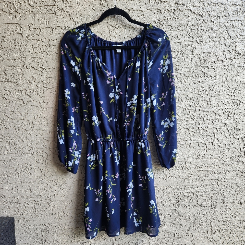 Krazy Kat Floral Navy Blue Dress Semisheer Sleeves Elastic Waist Lined Medium
